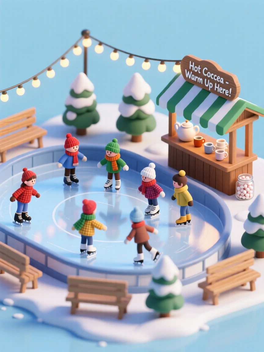 A bustling ice rink with skaters gliding in circles, string lights strung overhead, and hot cocoa served at a small stand.