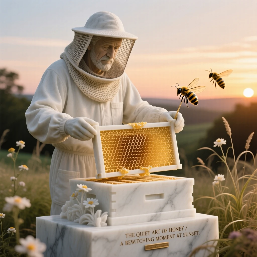 An evocative depiction of a beekeeper tending golden hives at sunset, in a moment of quiet stillness, balancing detail with emotional depth