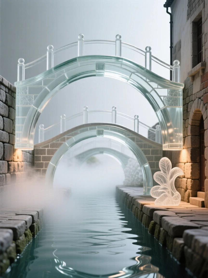 A series of stone bridges arching gracefully over a canal as morning fog drifts slowly through the streets below, while a light mist settles gently over the old stone walls