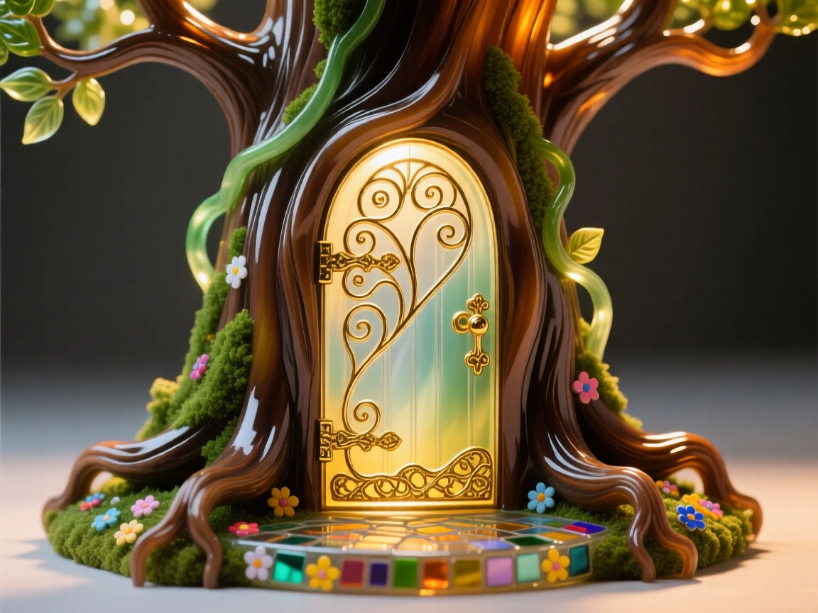A tiny door built into the base of a giant ancient tree, whimsical and inviting.