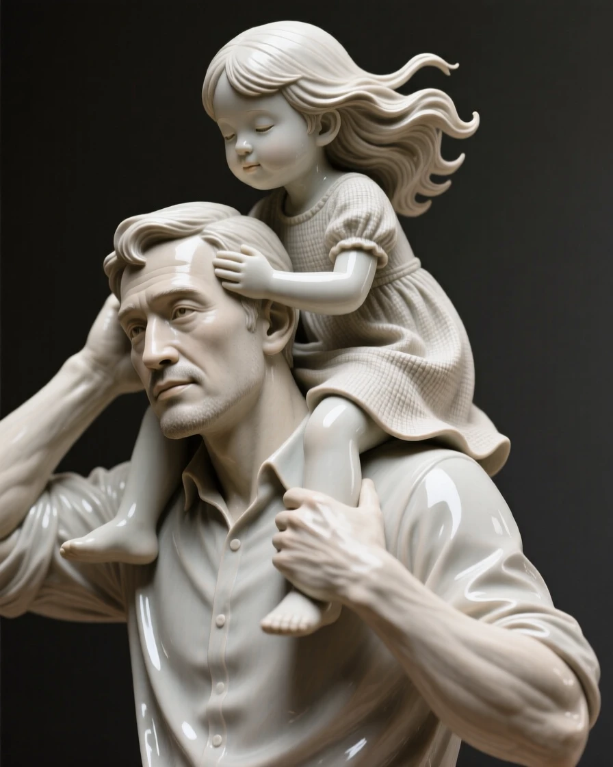 A father lifting his daughter onto his shoulders caught in an intimate, unguarded moment, framed by strands of loose, wind-blown hair, radiating grace, strength, and inner peace.