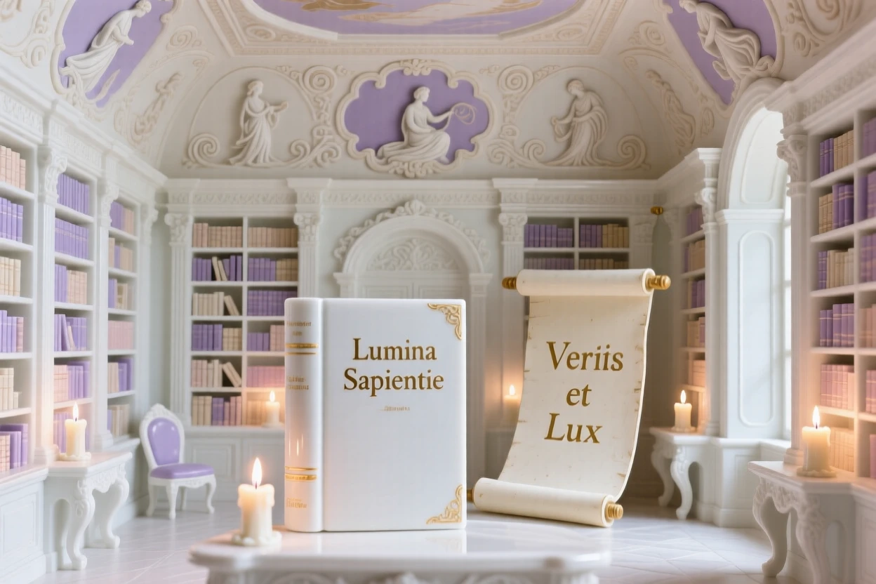 The ornate interior of a candlelit library, intricate ceiling frescoes overhead.