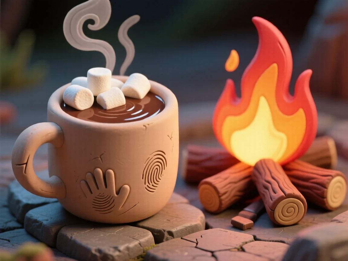 A steaming mug of hot chocolate topped with marshmallows by a fire