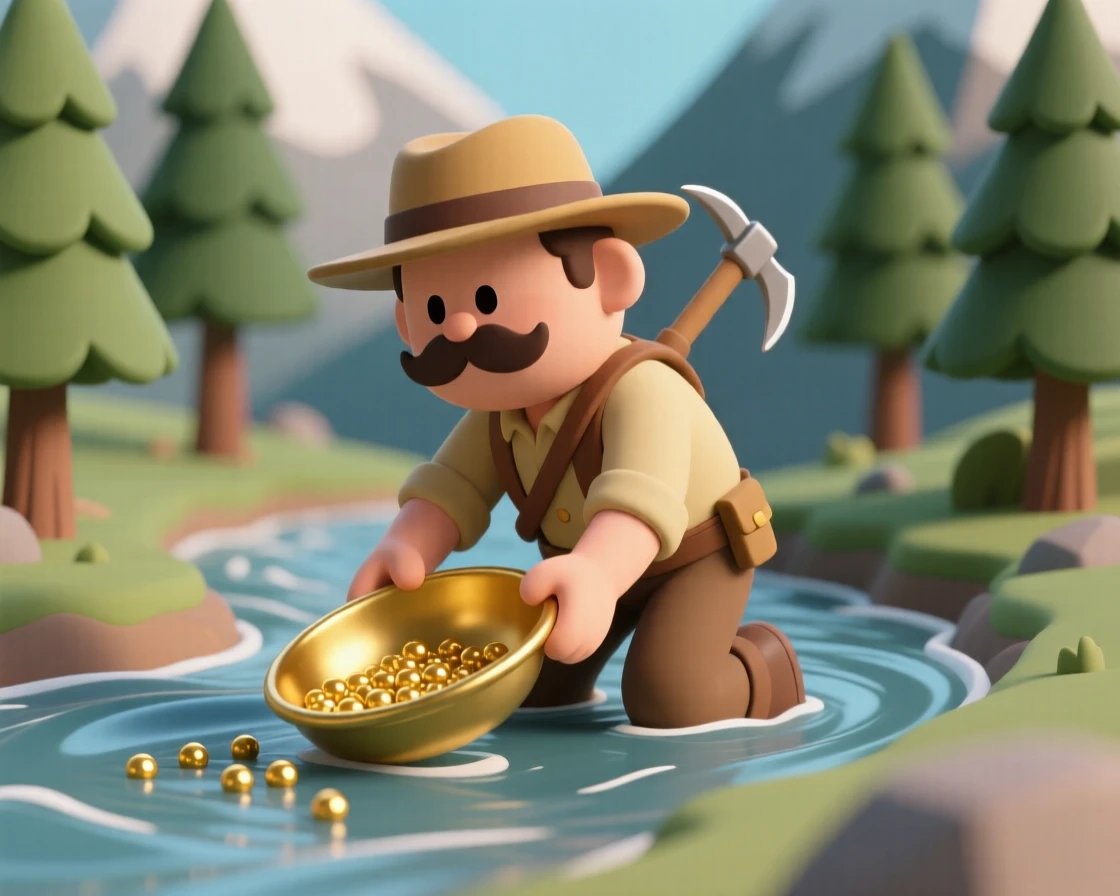 A determined gold rush prospector pans for glittering flecks in a rushing mountain stream beneath tall pines.
