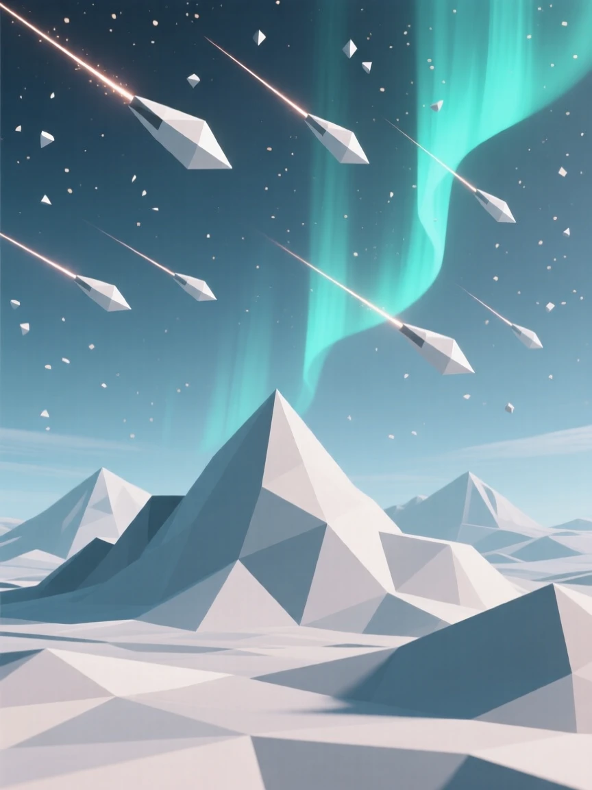 A meteor shower streaking above a silent mountain range, beneath shimmering auroras. fine particle detail adds texture to the vast space. The scene feels vast, mysterious, and awe-inspiring.