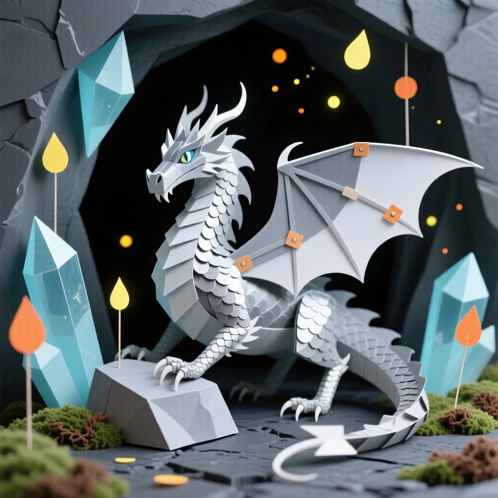 A silver-scaled dragon guarding a hidden crystal cave, with glowing particles floating like fireflies, evoking ancient power and mystery.