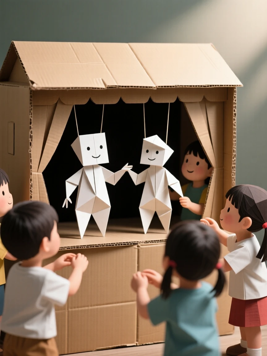 A group of children putting on a puppet show behind a homemade cardboard stage.