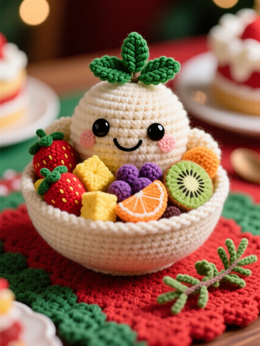 a smiling bowl of fruit salad character, with mixed colorful pieces, is shown topped with a sprig of mint on a festive holiday dessert table beside a sprig of fresh herbs as garnish, capturing a cozy sense of shared treats.