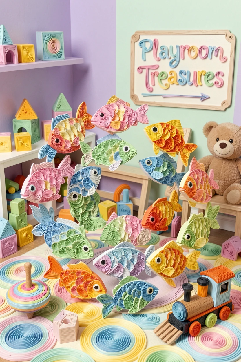a school of rainbow fish swimming in a circle, in a colorful playroom filled with toys, composed with a fun, exaggerated sense of scale, in a playful pastel color scheme.