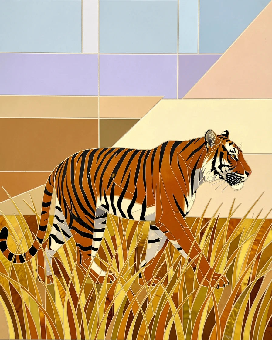 A Bengal tiger walking through tall golden grass.