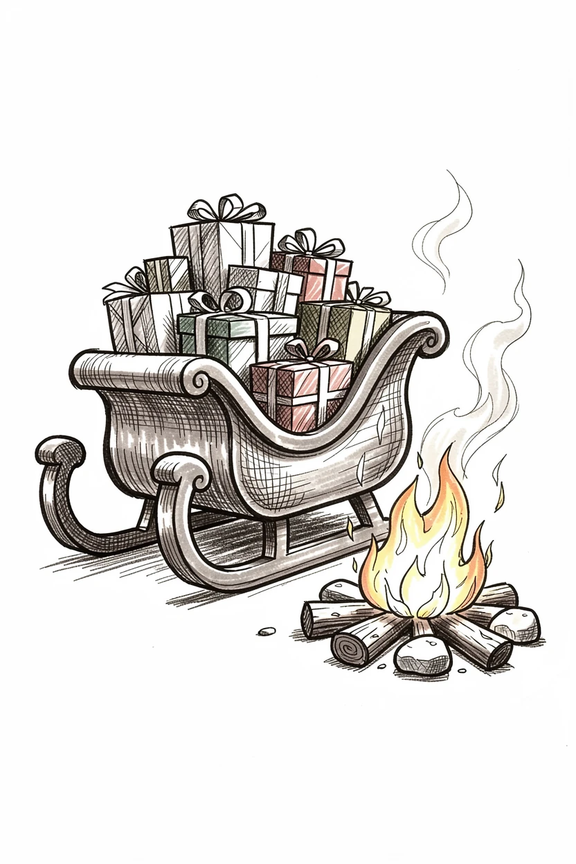 A sleigh loaded with wrapped presents beside a crackling outdoor fire pit.
