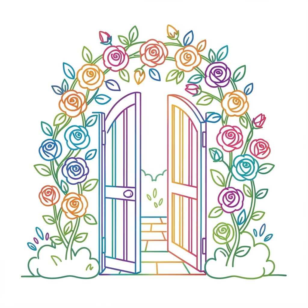 A garden gate covered in climbing roses leading to a hidden courtyard.