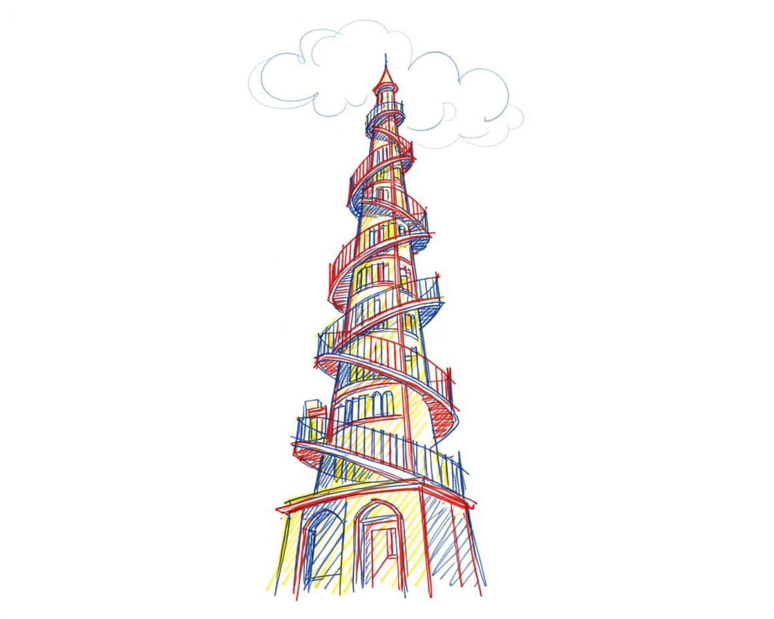 A hidden library tower spiraling upward into the clouds