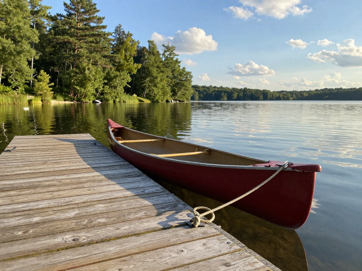 A lakeside dock with a canoe tied to weathered wood