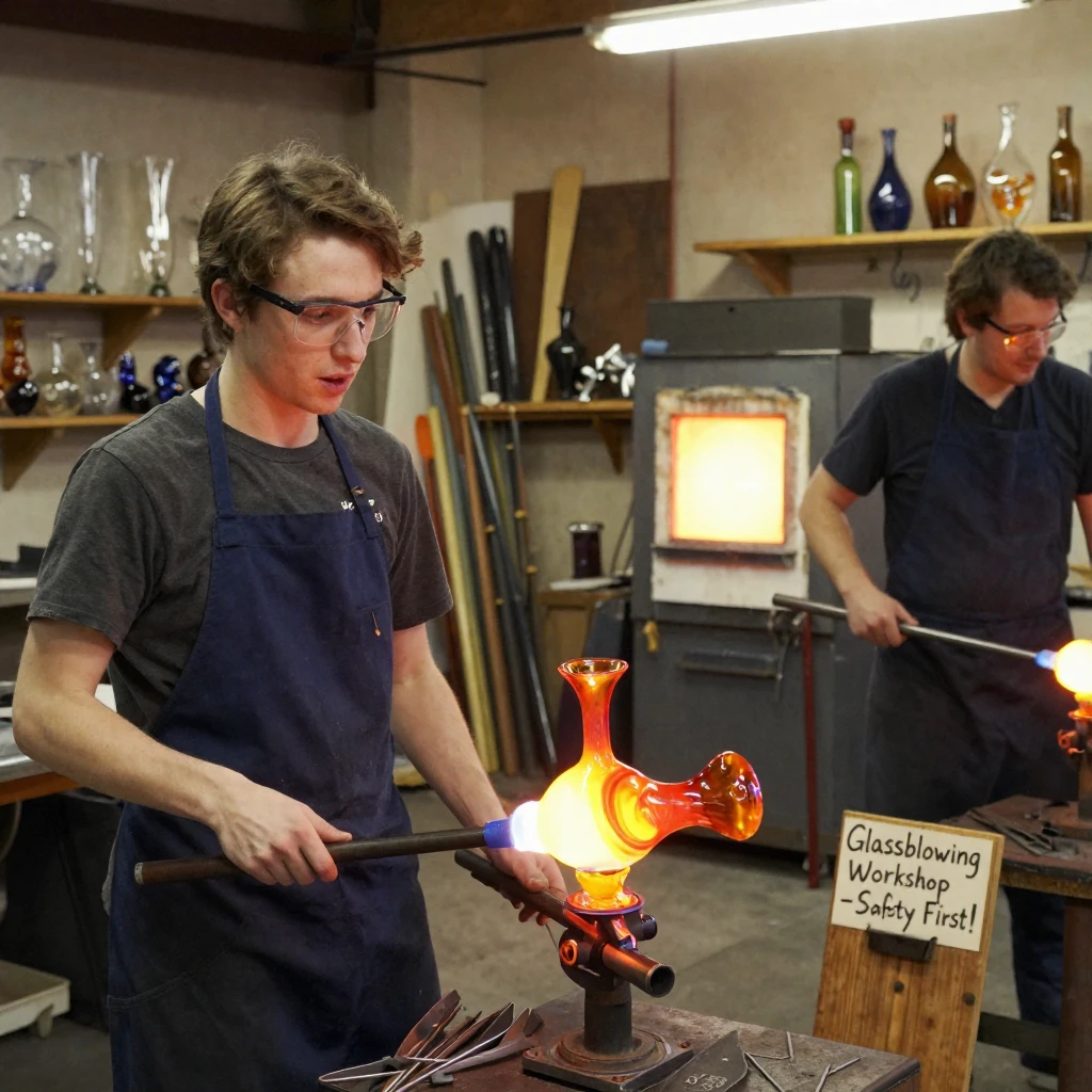 A glassblower's apprentice watches closely as molten glass is shaped into a vase.