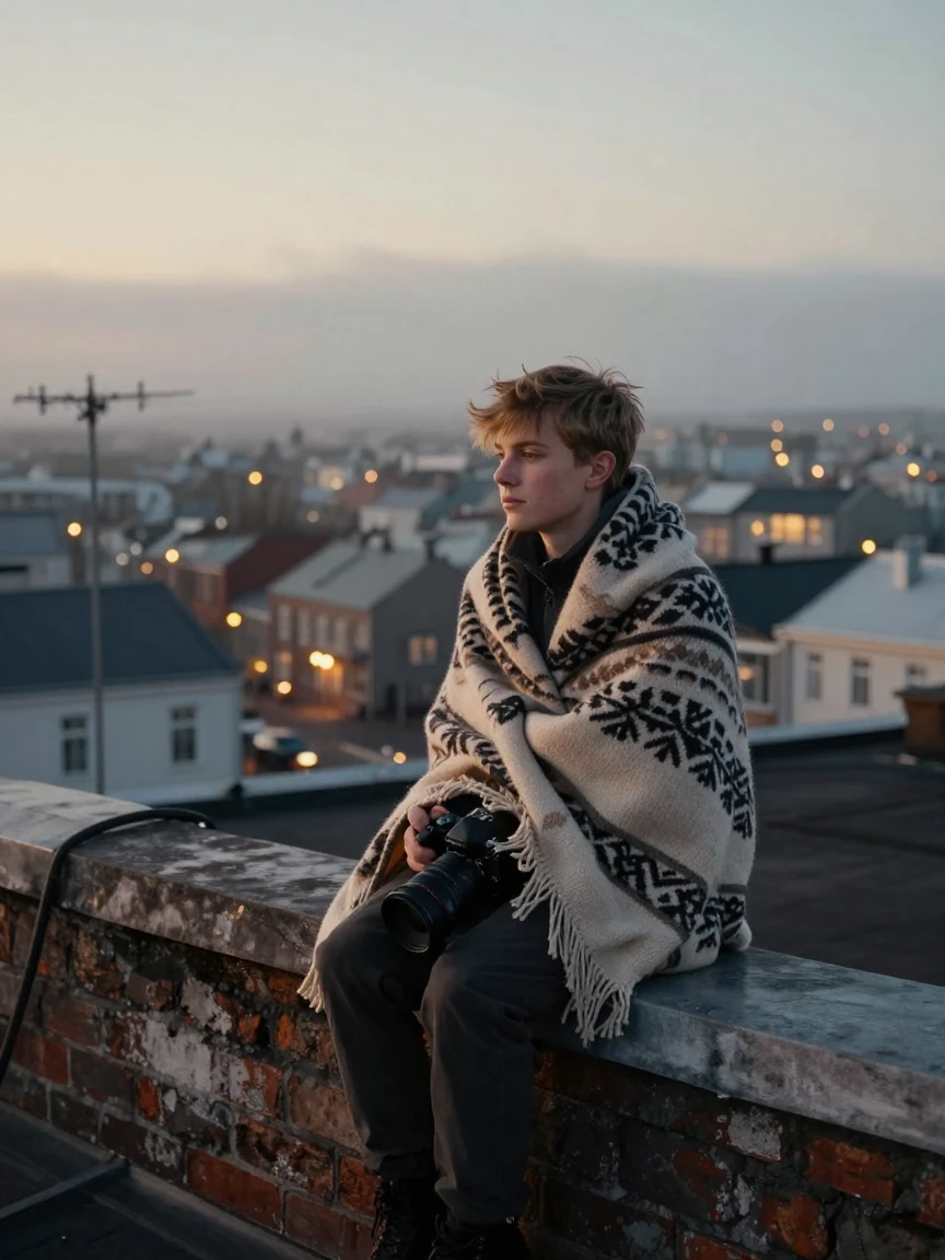 A teenage Icelandic traveler wrapped in a thick woolen blanket on a rooftop overlooking a sleeping city