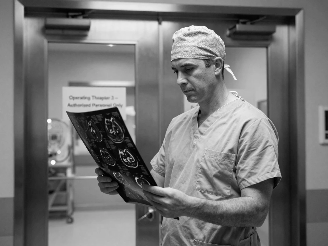 A surgeon reviews scans before a delicate operation outside an operating theater.