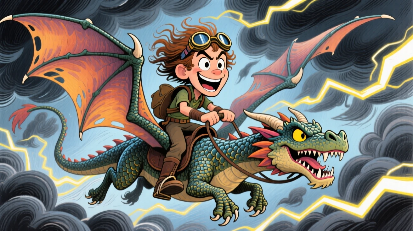 A dragon rider soaring through storm clouds atop a scaled winged beast.