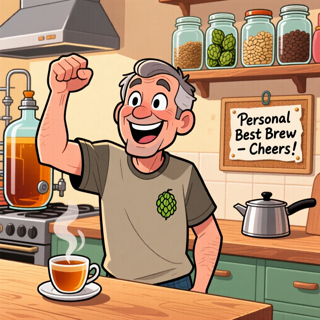 An everyday-life snapshot of a home brewer, celebrating a personal best with a fist pump, with a cup of tea cooling nearby.