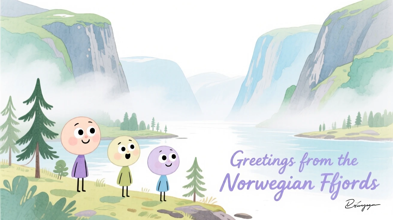 A dreamy travel postcard scene of the fjords of Norway wrapped in gentle morning mist