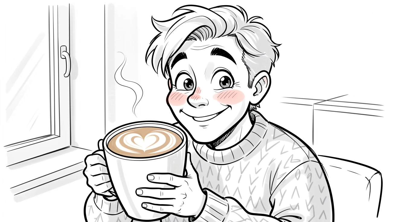 [Trending & Universal Topics] Modern lifestyle scene of a coffee lover cradling a giant mug with latte art on a cozy morning, capturing everyday joy