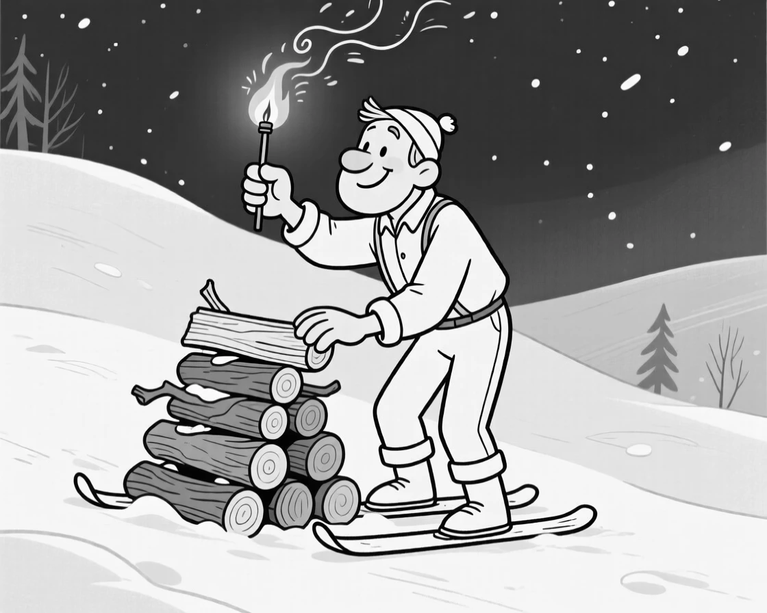 A woodsman stacking a wobbly tower of firewood, waving the flaming marshmallow like a tiny torch, set on a gentle, snow-dusted ski slope. Sparks drift upward into the night sky. It captures the quiet wonder of the changing seasons.