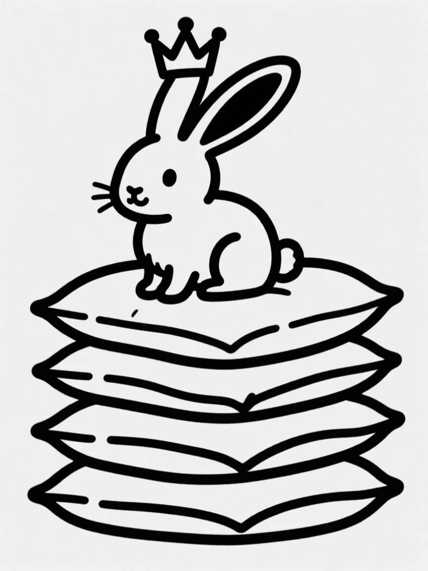 A bunny rabbit perched proudly on a stack of pillows like a tiny king.