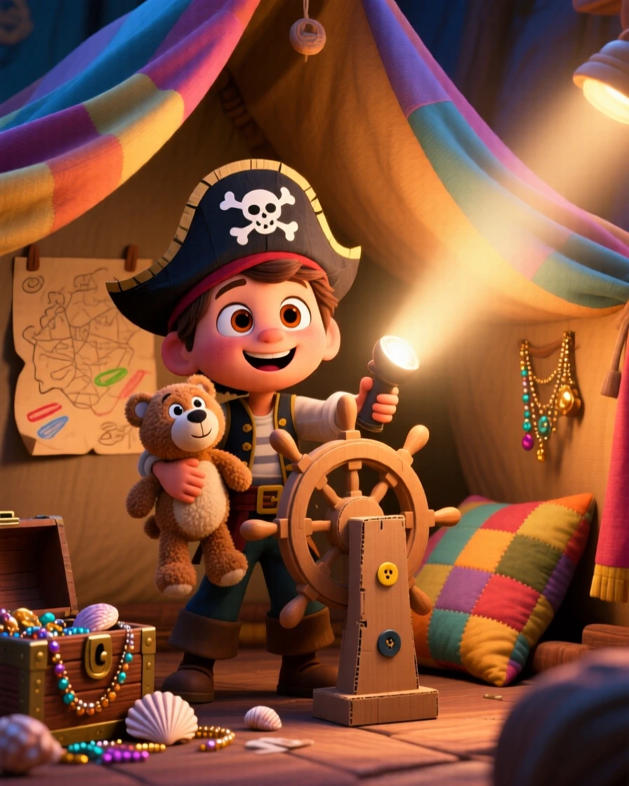 A kid pretending to be a pirate captain takes place inside a blanket fort glowing with a flashlight, with a stuffed animal tucked under one arm. A carefree, adventurous energy fills the scene.