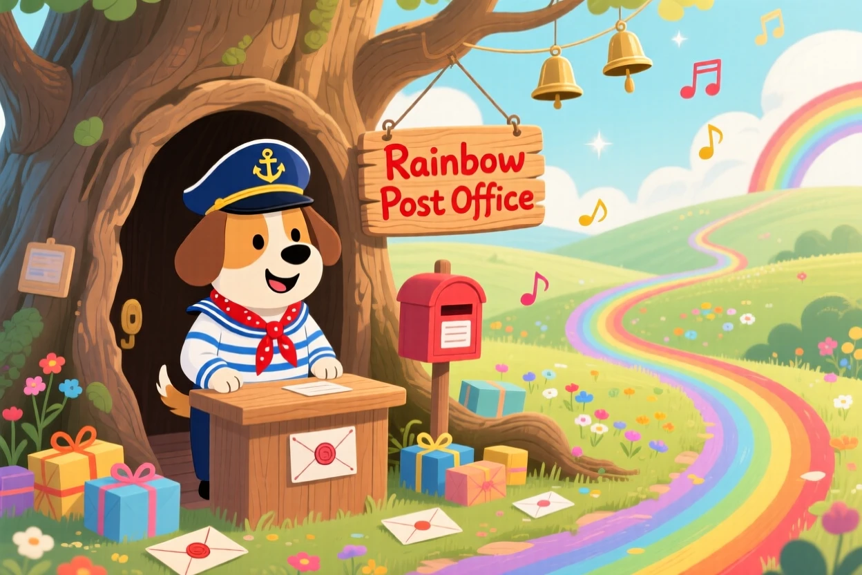 A dog dressed as a sea captain delights in running a post office out of a hollow tree, tucked within a land where every path is a rainbow, while soft chimes ring from unseen bells.