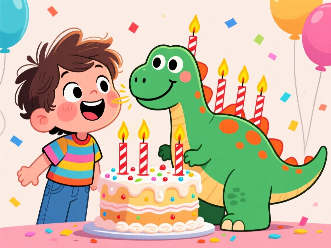 A child blowing out candles on a cake shaped like a dinosaur.