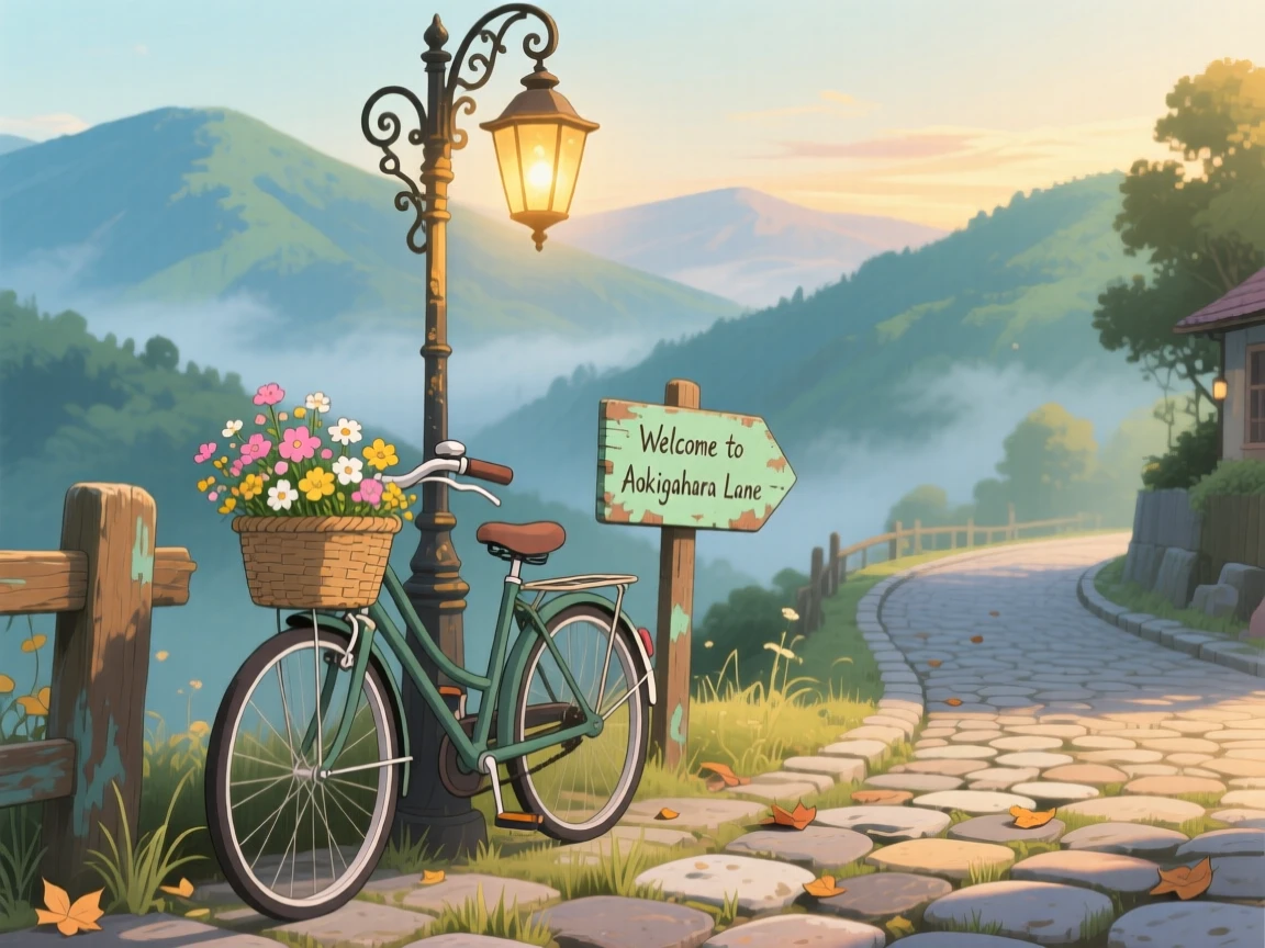 A charming scene of a bicycle leaning against a lamppost on a cobblestone street, framed by distant mountains.