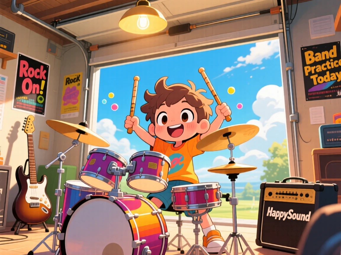 Dynamic diagonal composition of a young drummer, beating a joyful rhythm on a drum set, in a garage band practice room, under a clear summer sky, illuminated by warm lamplight, radiating bubbly enthusiasm.