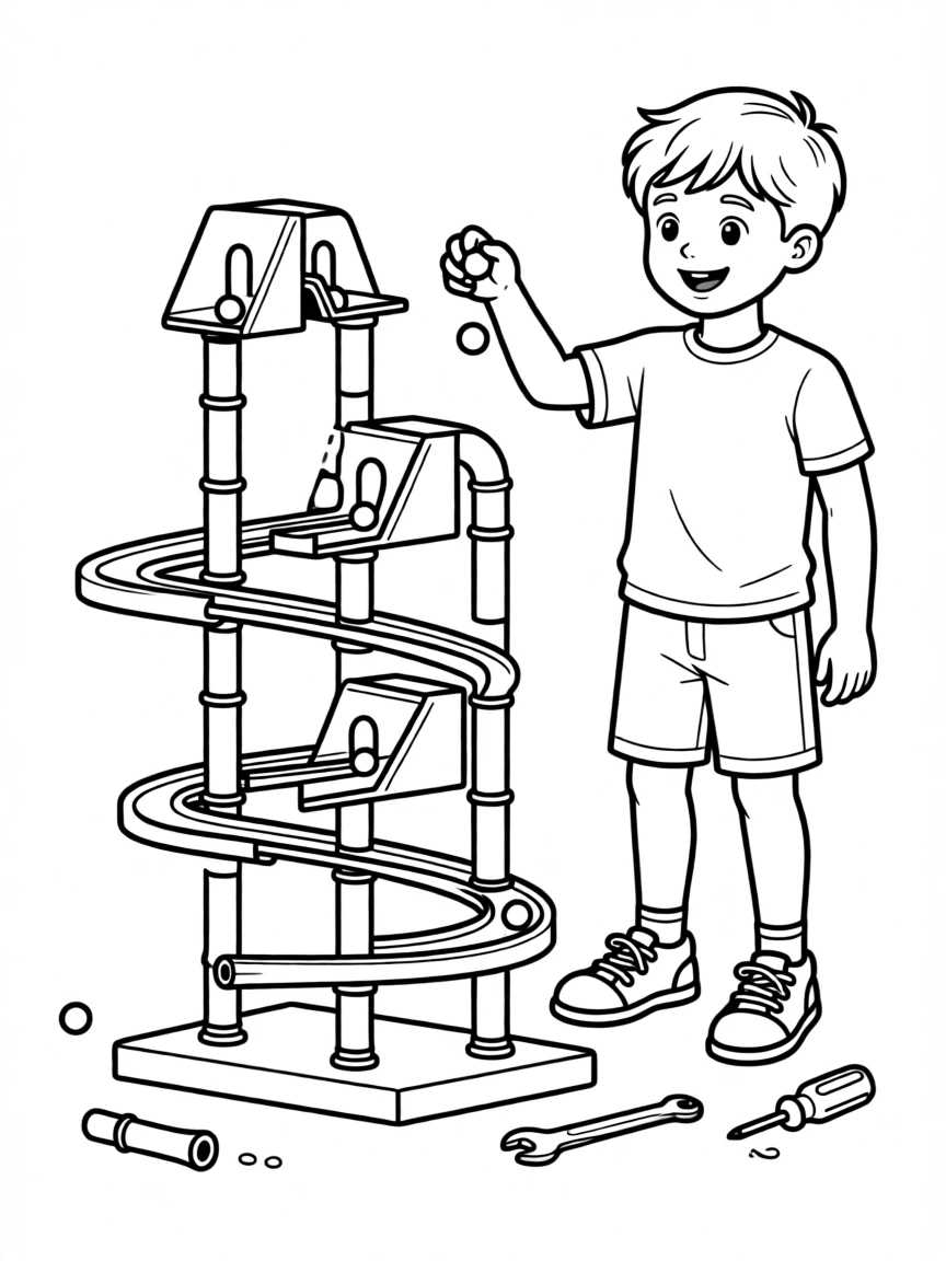 A young inventor building a marble run out of tubes