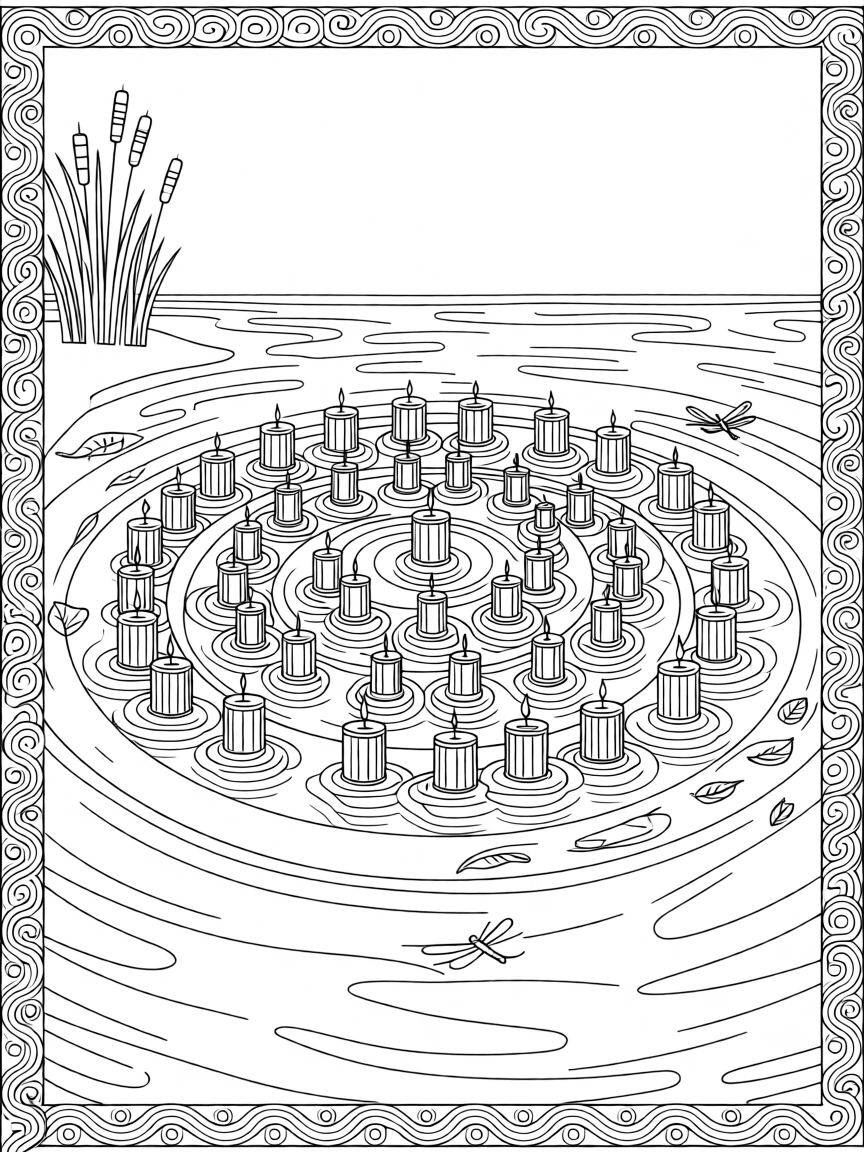 A set of floating candles arranged in a spiral on calm water.
