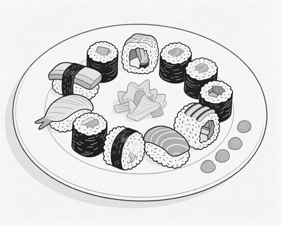 A plate of sushi rolls arranged in an artistic pattern