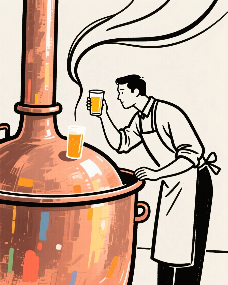 A brewer checking the color of beer inside a large copper kettle.