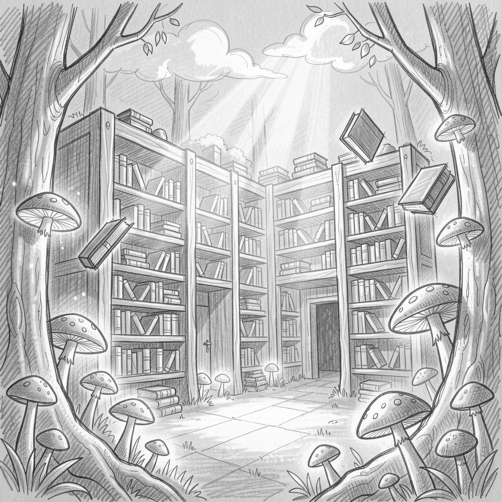 An enchanted library with floating books, within a forest of glowing mushrooms, with shafts of light piercing through the clouds.
