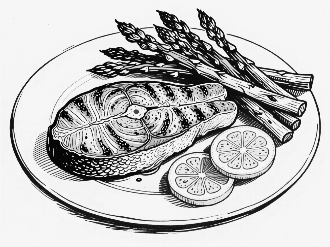 A plate of grilled salmon with roasted asparagus and lemon slices.