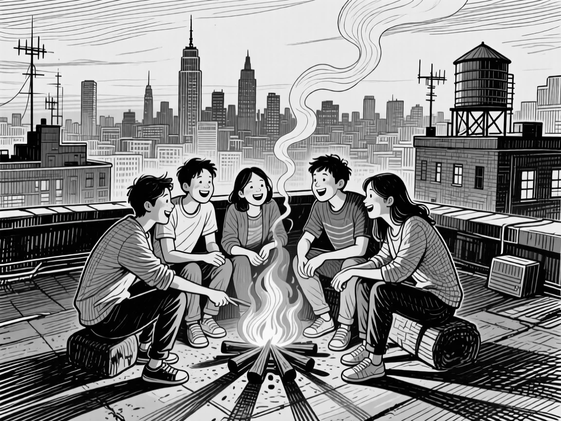 A group of friends laughing around a campfire on a rooftop overlooking the city skyline, with long shadows stretching across the ground, creating a wistfully sweet lifestyle scene.