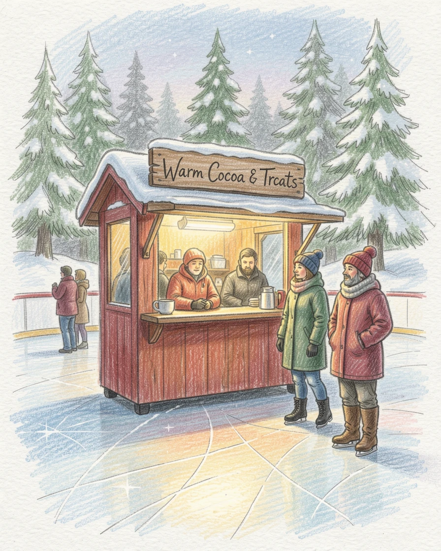 A hot cocoa stand glowing warmly at a winter ice rink, captured in a quiet, intimate moment full of atmosphere, celebrating a moment people would love to revisit.