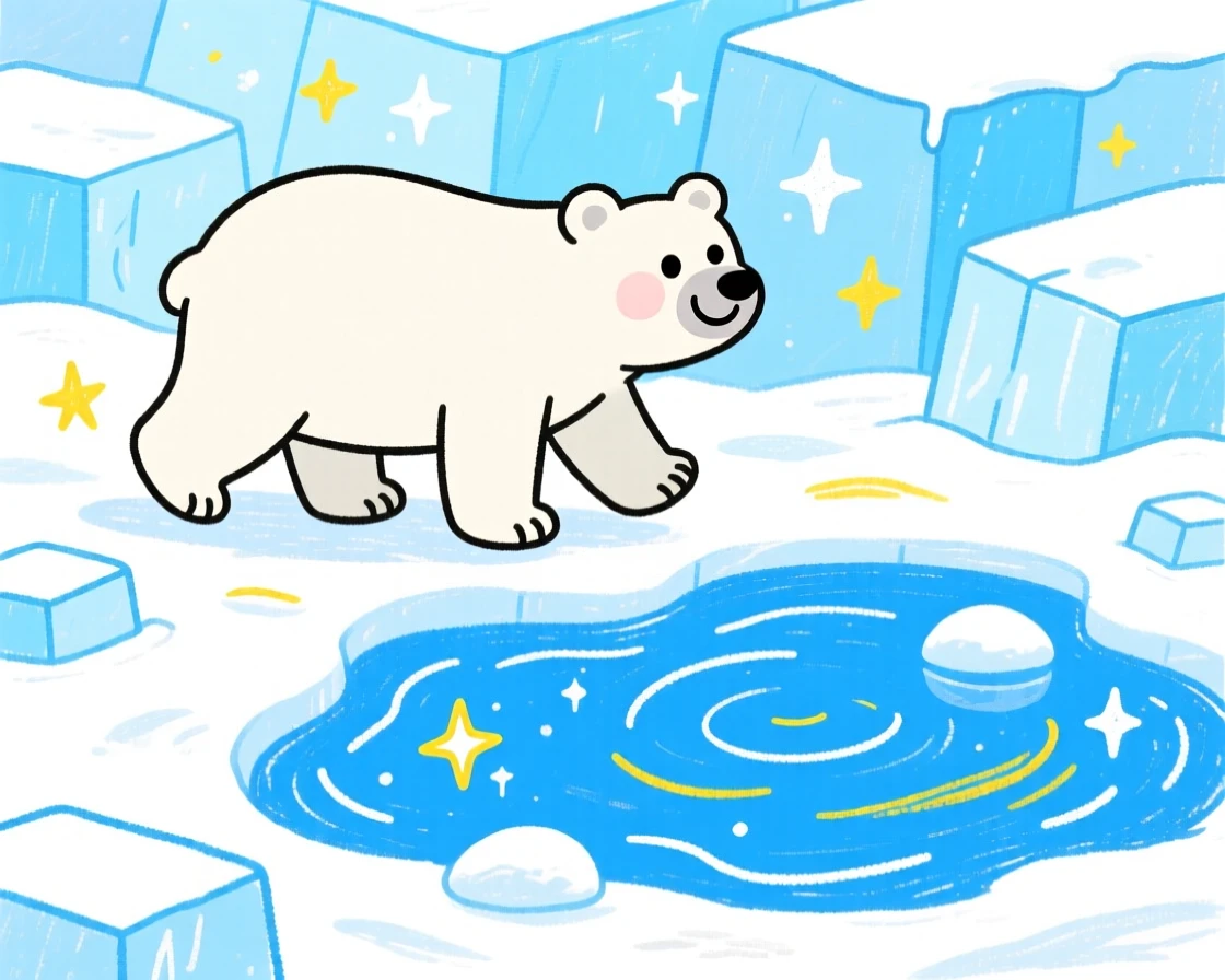 A polar bear walking across an icy landscape beside a sparkling watering hole.