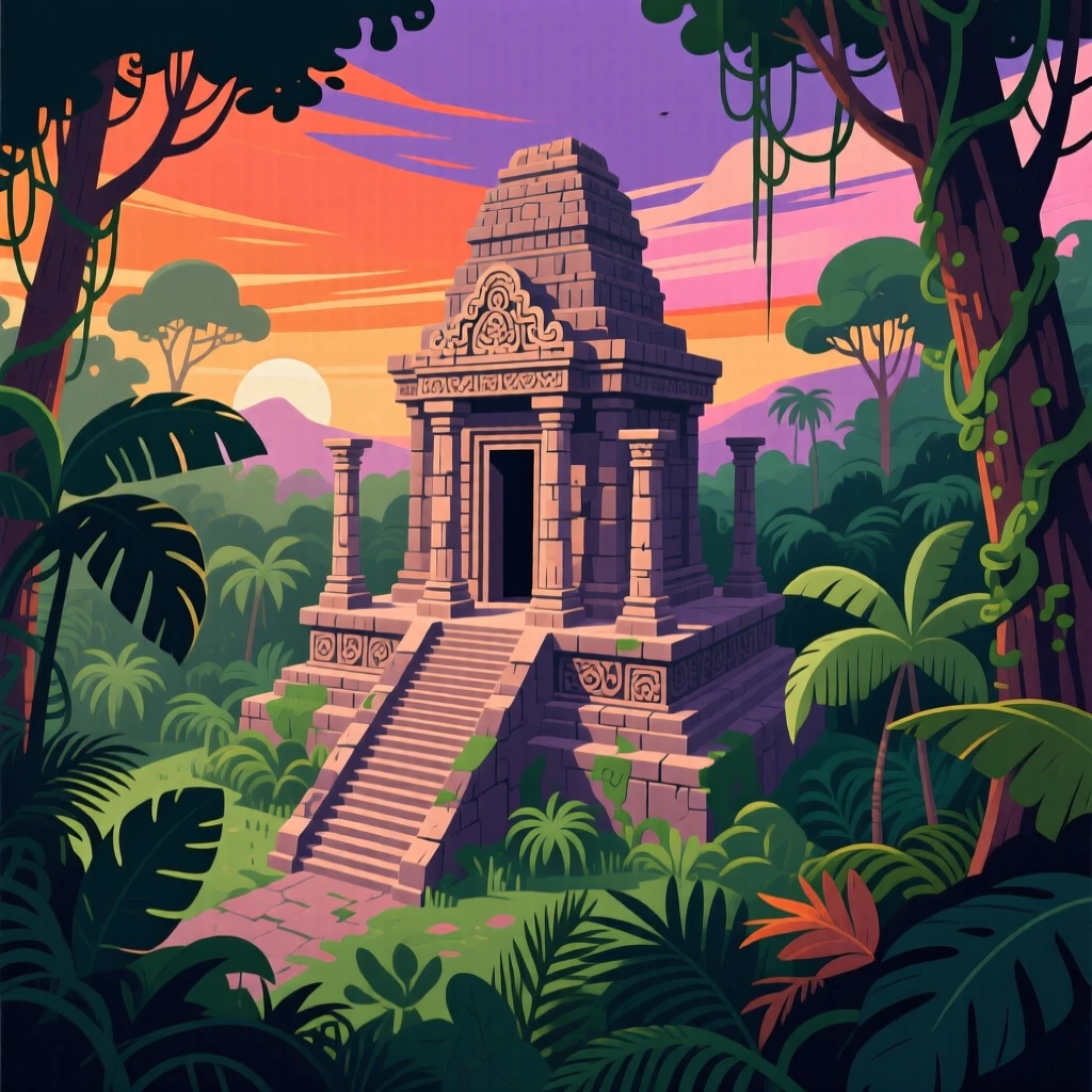 A grand ancient temple framed by lush jungle greenery, under a dramatic sunset sky, captured from a scenic elevated viewpoint, with a nostalgic, postcard-like charm.