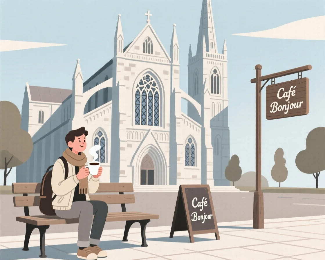 A traveler sipping coffee near a historic cathedral.