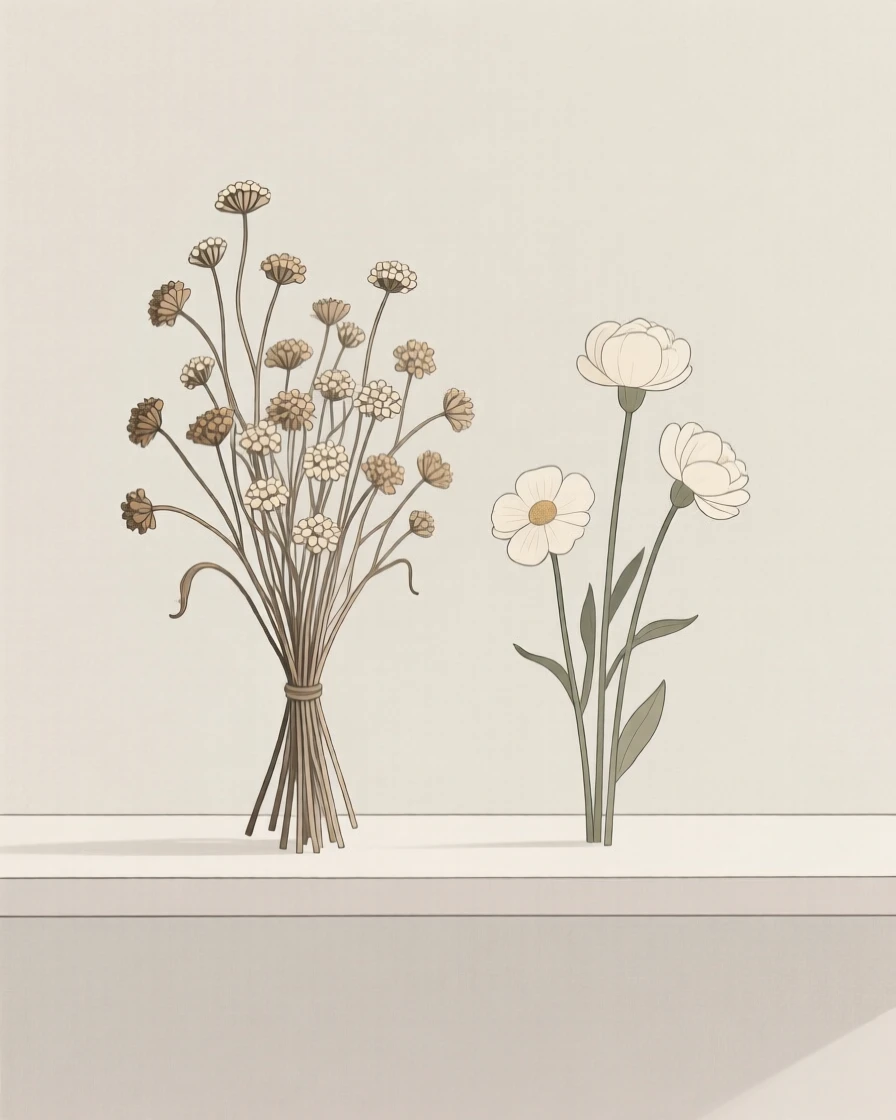 A close-up study of a bouquet of dried flowers placed beside fresh flowers on a minimalist shelf, full of gentle sentimentality.