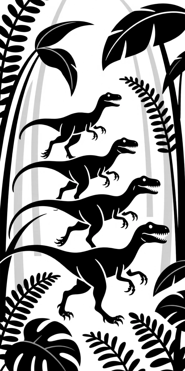 A Velociraptor pack hunting through tall ferns.