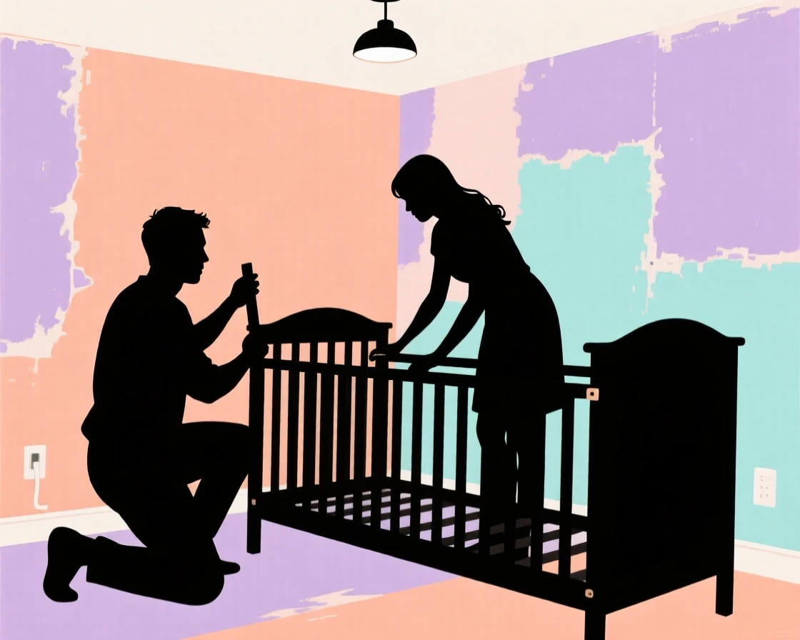 A couple assembling a crib together in a half-finished nursery.