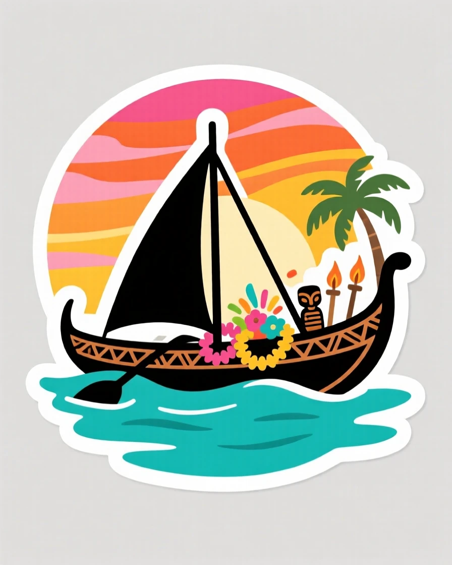 A sun-drenched Polynesian outrigger canoe on turquoise water, under a sky streaked with warm colors, at the peak of a local festival.