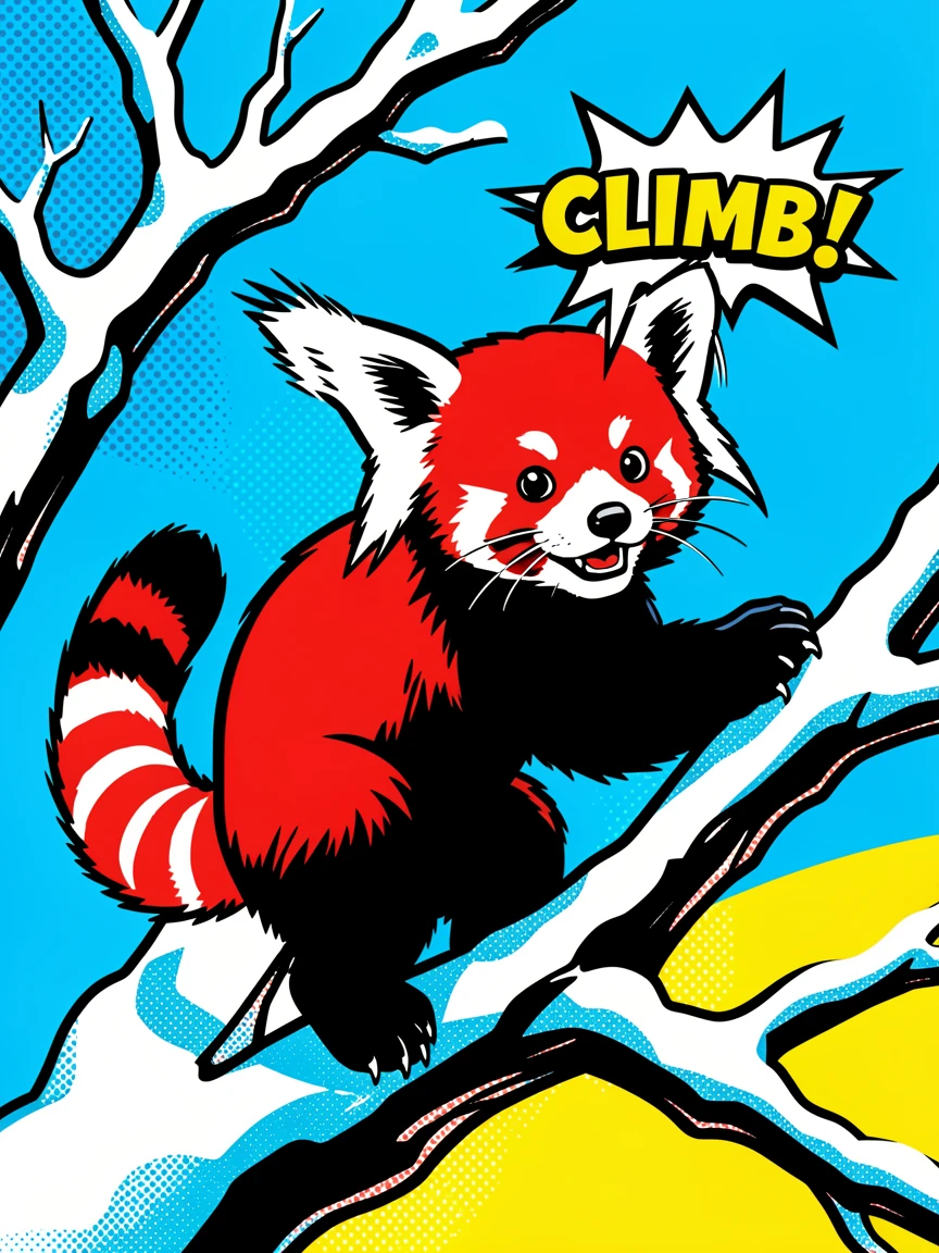 A red panda climbing playfully among snowy branches