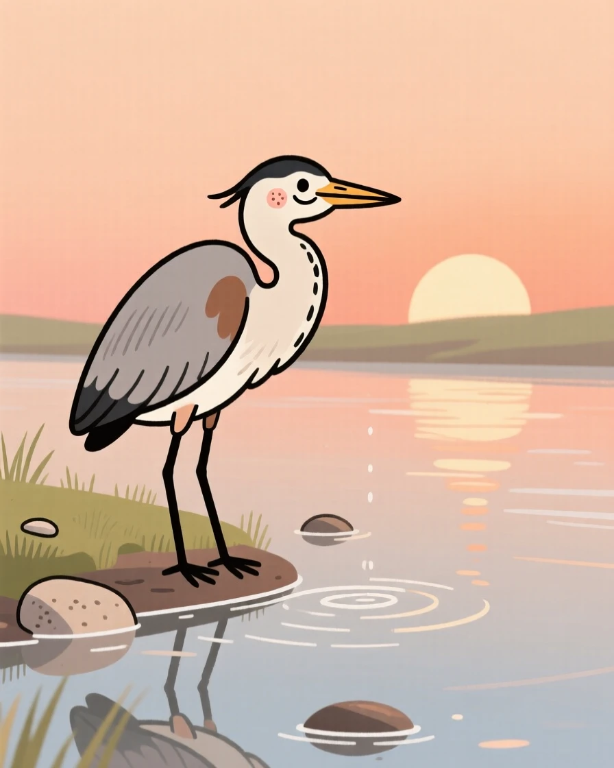 A heron stands at the edge of a quiet riverbank, drinking from the water as the rising sun paints the sky in warm colors.