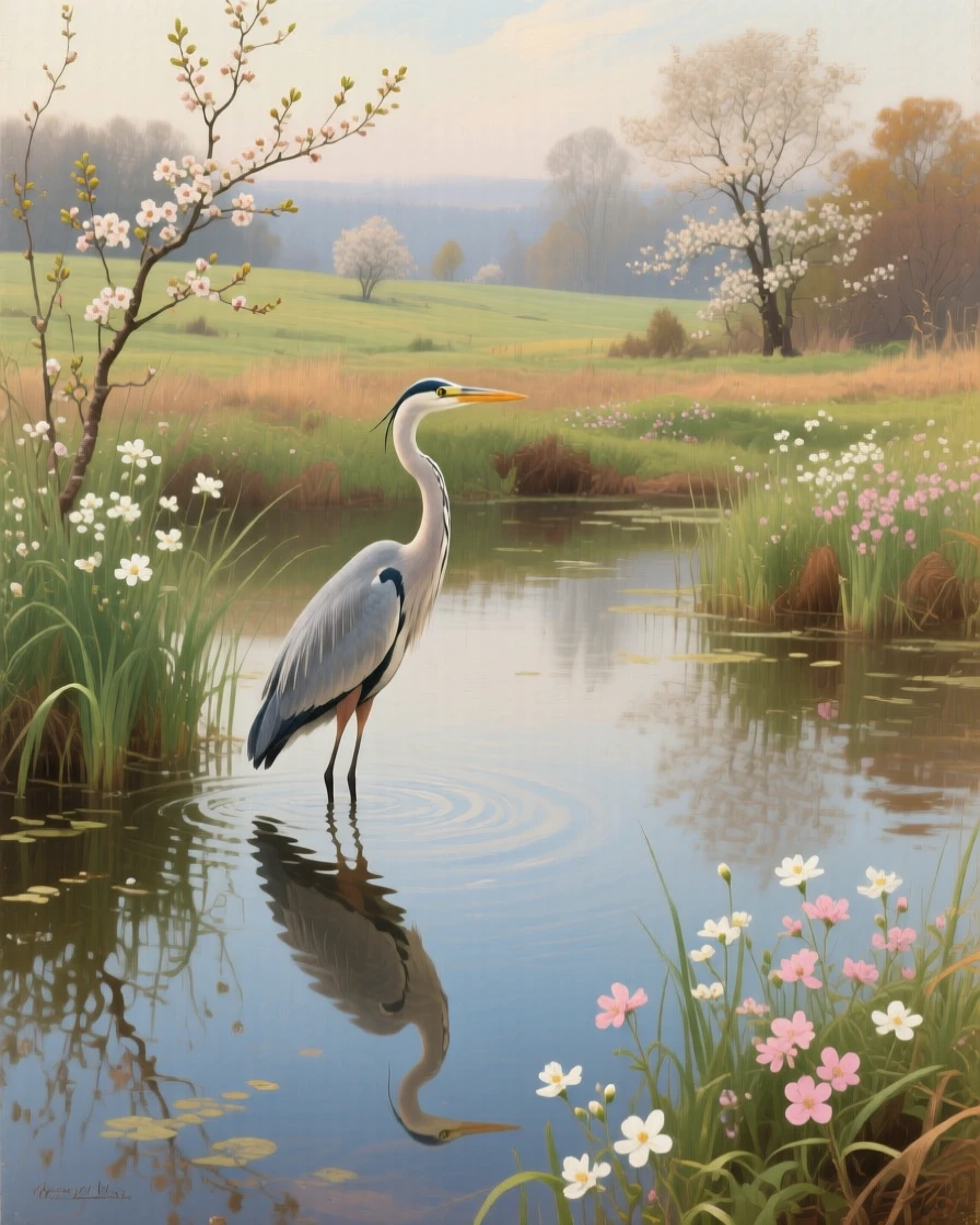 A grand panoramic scene of a heron standing motionless in a still, reflective marsh, as spring blossoms open, in rural Poland.